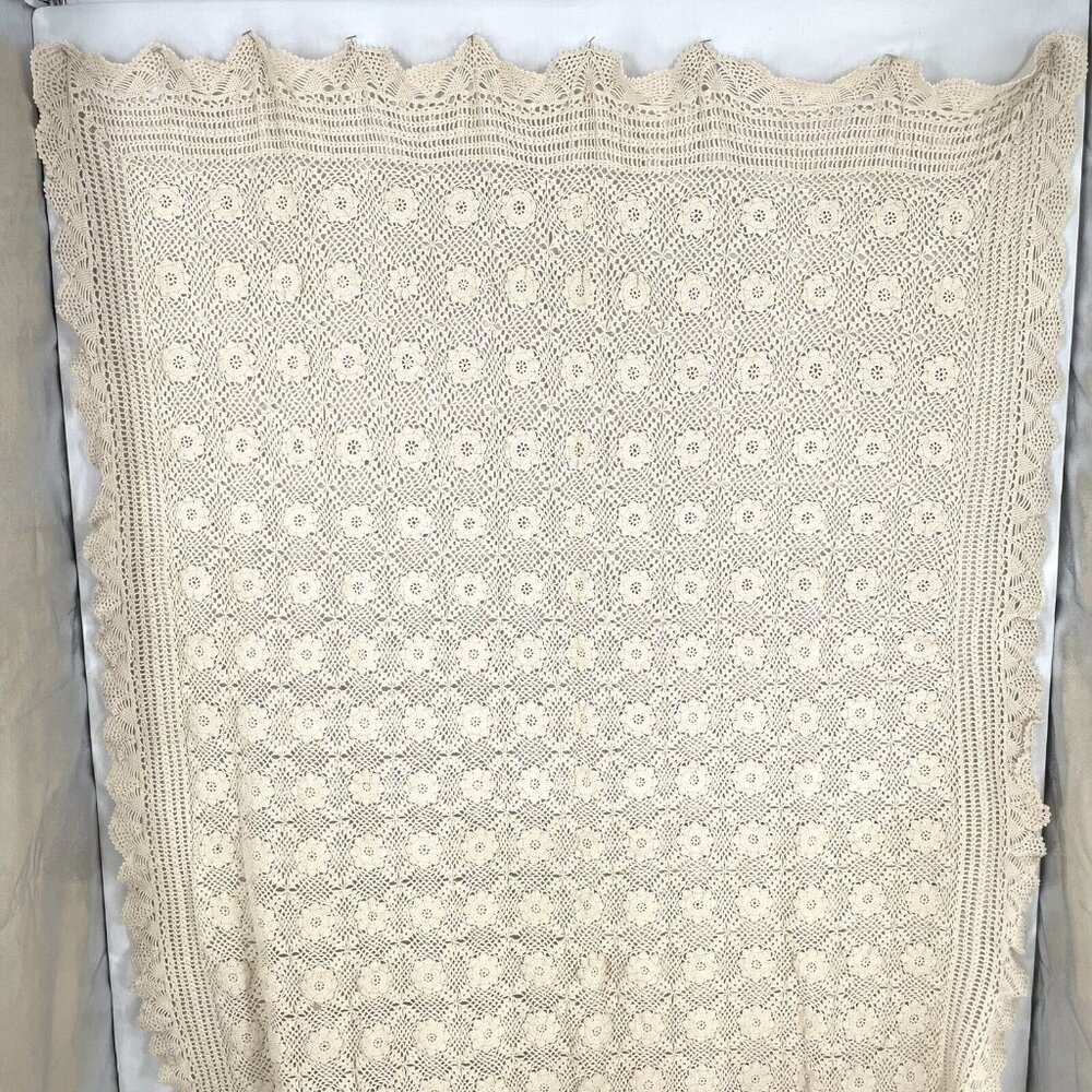 Vintage Crochet Table Cloth 54" x 86" Beige Grannycore Cottagecore Steampunk